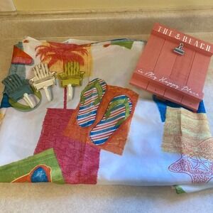 Beach Themed Bathroom Shower Curtain Hooks Picture Frame Bright Colorful Coastal